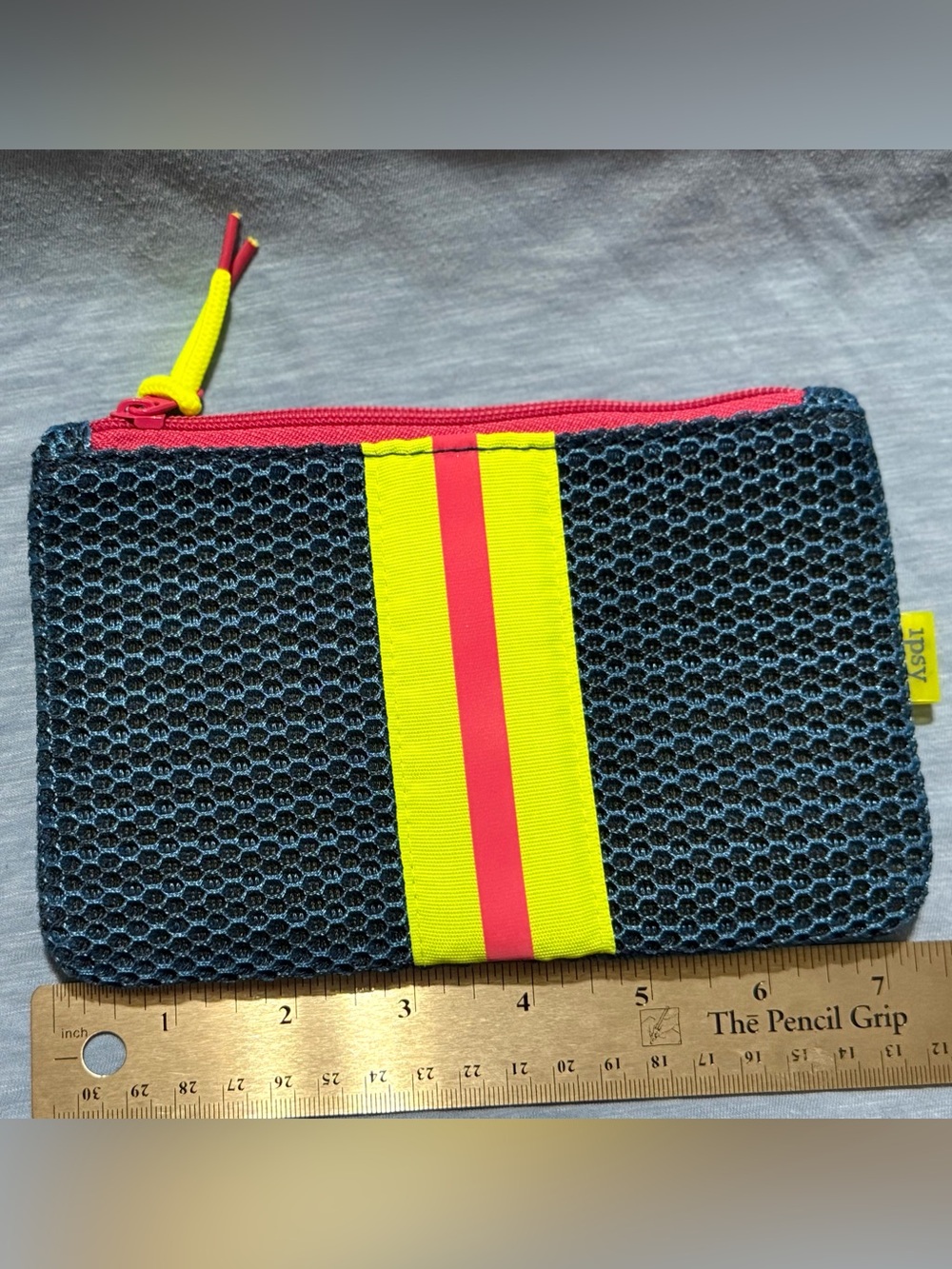 Ipsy Navy Mesh Cosmetics Bag with Yellow and Pink Stripe